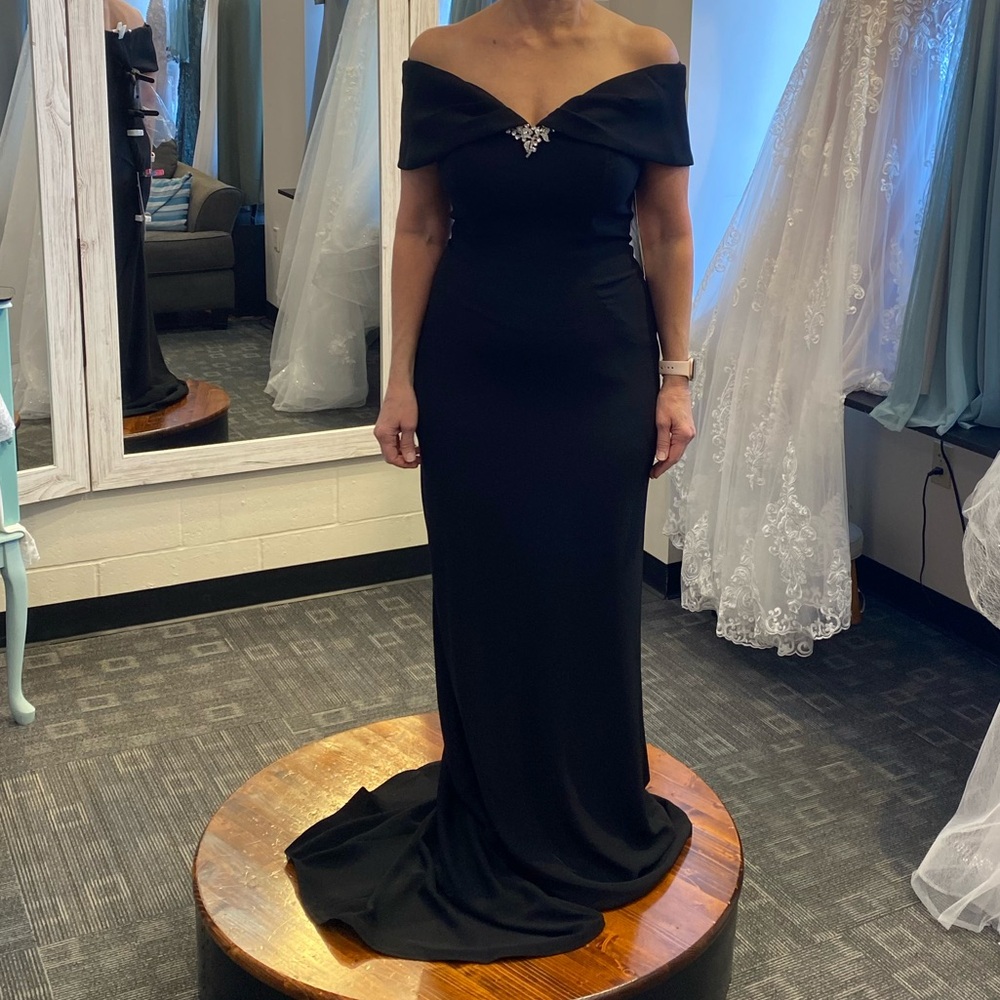 Montage by Mon Cheri Off-the-Shoulder Crepe Dress in Black - Like New